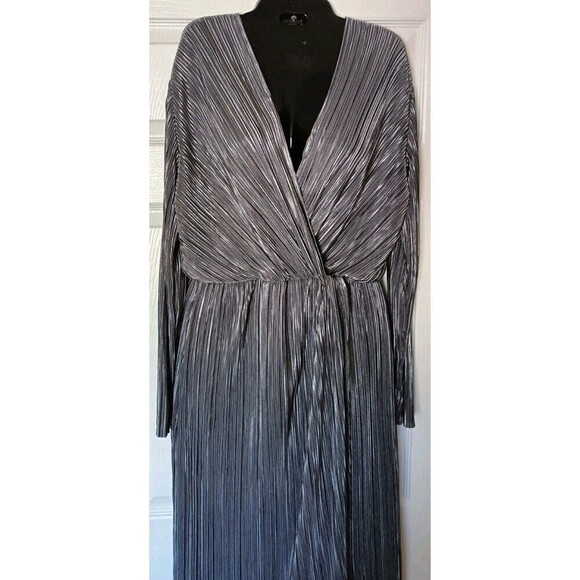 Vila Clothes Evening Dress Size 38 6/8 Metàllic Silver Tulip Wrap Crinkled Sheer - Picture 5 of 10